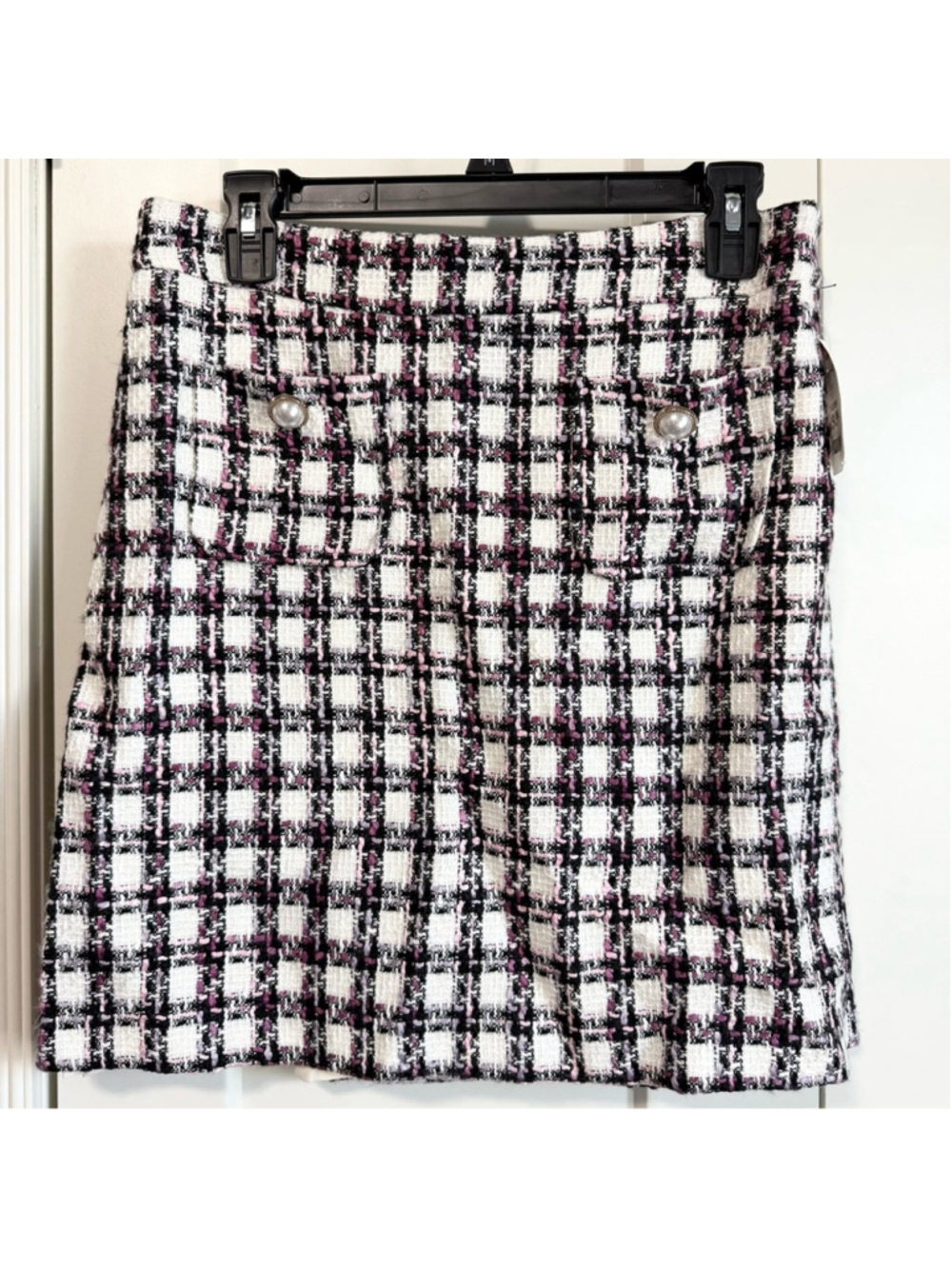 Maison d’Amelie tweed mini skirt faux pearl front pocket NWT size 4